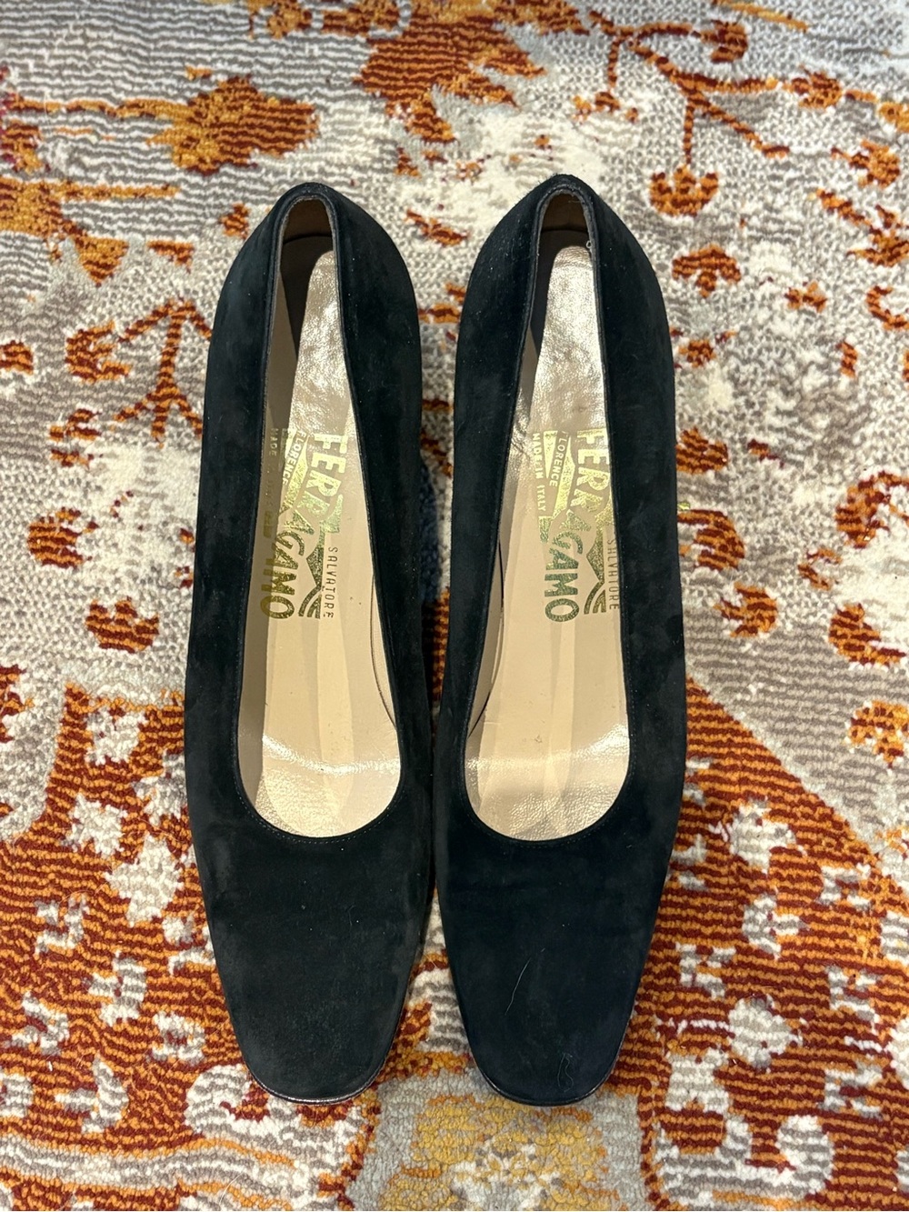 Salvatore Ferragamo Black Suede Round-Toe Pumps